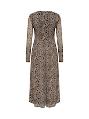 JDY Brown Long Sleeve Snake Print Mesh Midi Dress - Image 4 of 4
