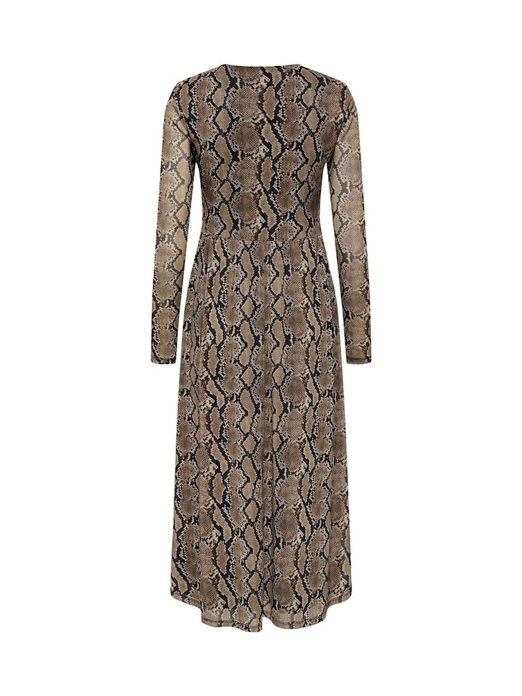 JDY Brown Long Sleeve Snake Print Mesh Midi Dress - Image 4 of 4