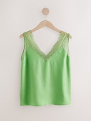 Green Lace Trim Satin Cami Top - Image 1 of 3
