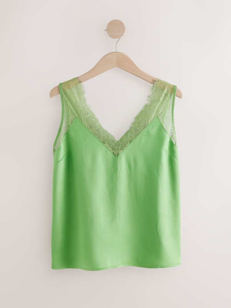 Green Lace Trim Satin Cami Top - Image 1 of 3 Green Lace Trim Satin Cami Top - Image 1 of 3