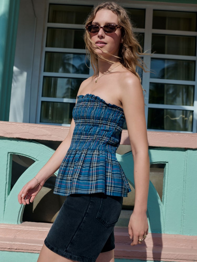 Blue Check Shirred Peplum Bandeau Boobtube With Linen - Image 2 of 4