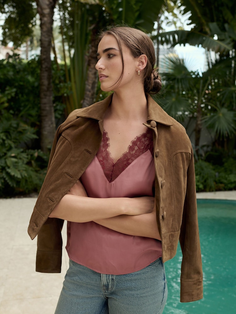Pink Mauve Lace Trim Satin Cami Top - Image 1 of 8 Pink Mauve Lace Trim Satin Cami Top - Image 1 of 8