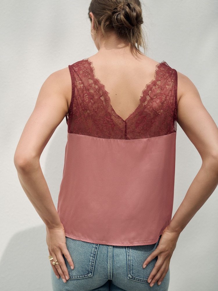 Pink Mauve Lace Trim Satin Cami Top - Image 2 of 8 Pink Mauve Lace Trim Satin Cami Top - Image 2 of 8