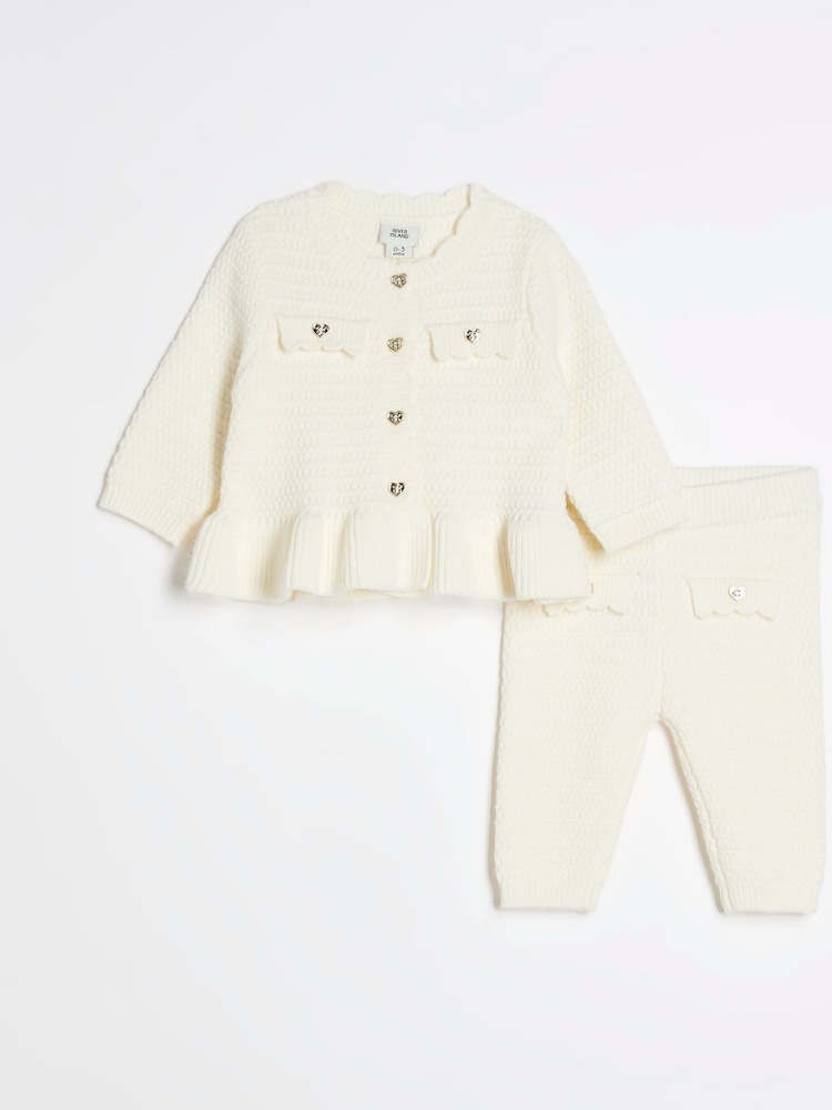 River Island Cream Baby Girls Peplum 100% Cotton Cardigan Set - Image 1 of 5