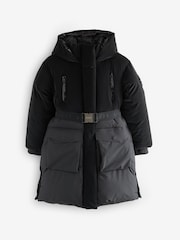 Baker by Ted Baker Shower Resistant Longline Belted Padded Black Parka - Bild 1 von 7