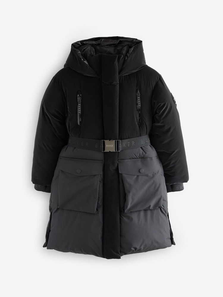 Baker by Ted Baker Shower Resistant Longline Belted Padded Black Parka - Bild 1 von 7
