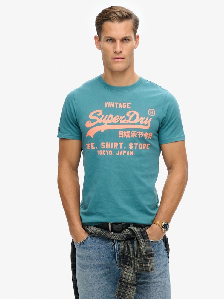 Superdry Blue Neon Vintage Logo Graphic 100% Cotton T-Shirt - Image 1 of 3