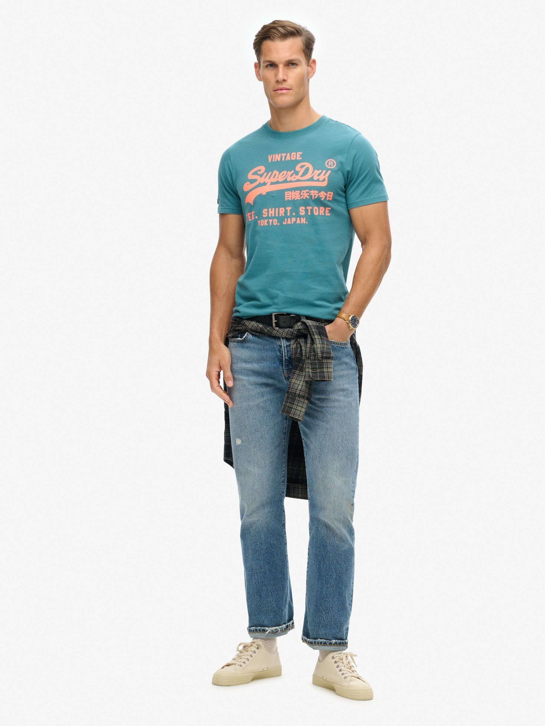 Buy Superdry Blue Neon Vintage Logo Graphic 100% Cotton T-Shirt
