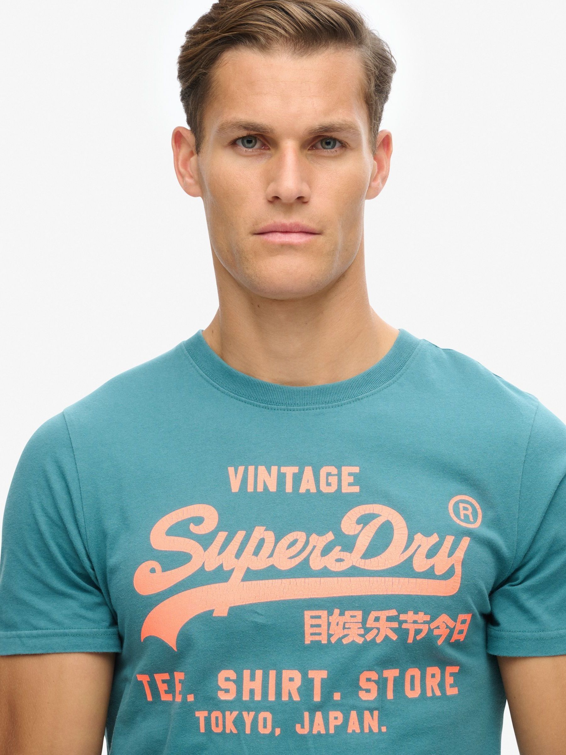 Buy Superdry Blue Neon Vintage Logo Graphic 100% Cotton T-Shirt