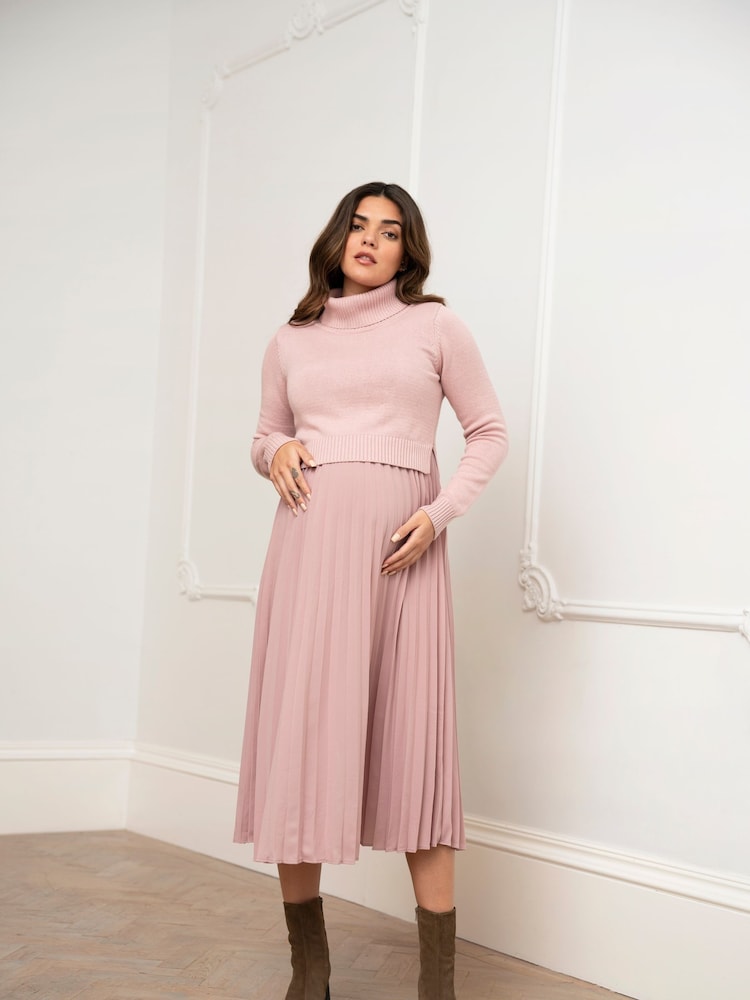 Seraphine Maternity & Nursing Pink Dress with Pleated Skirt - Image 1 of 5 Seraphine Maternity & Nursing Pink Dress with Pleated Skirt - Image 1 of 5