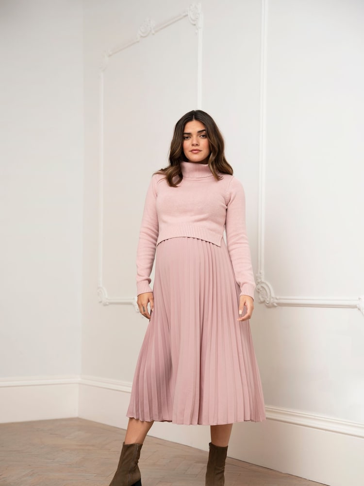 Seraphine Maternity & Nursing Pink Dress with Pleated Skirt - Image 2 of 5