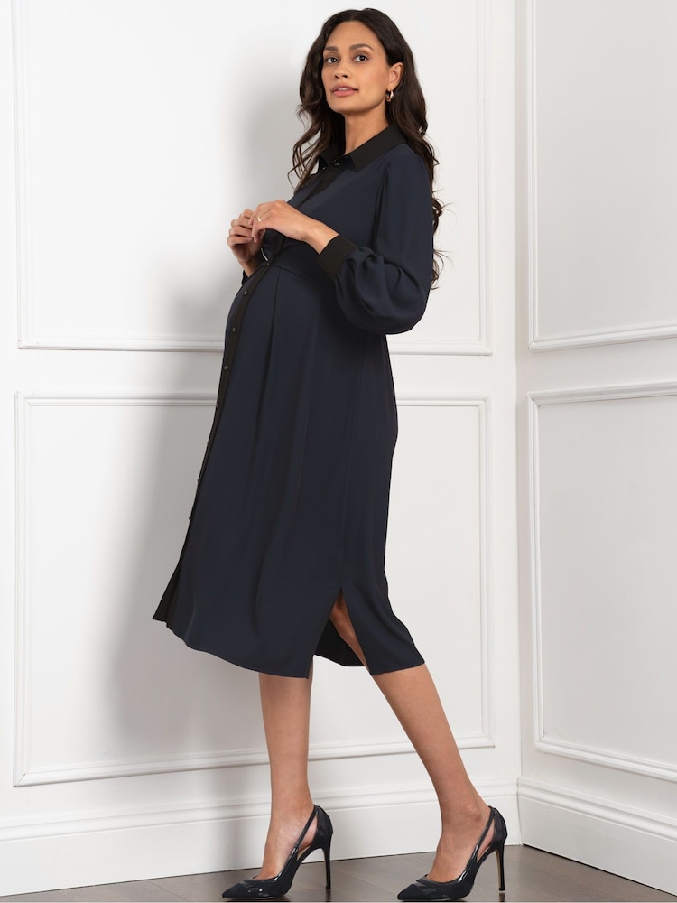 Seraphine Blue Maternity Pleated Shirt Dress - Image 2 of 5