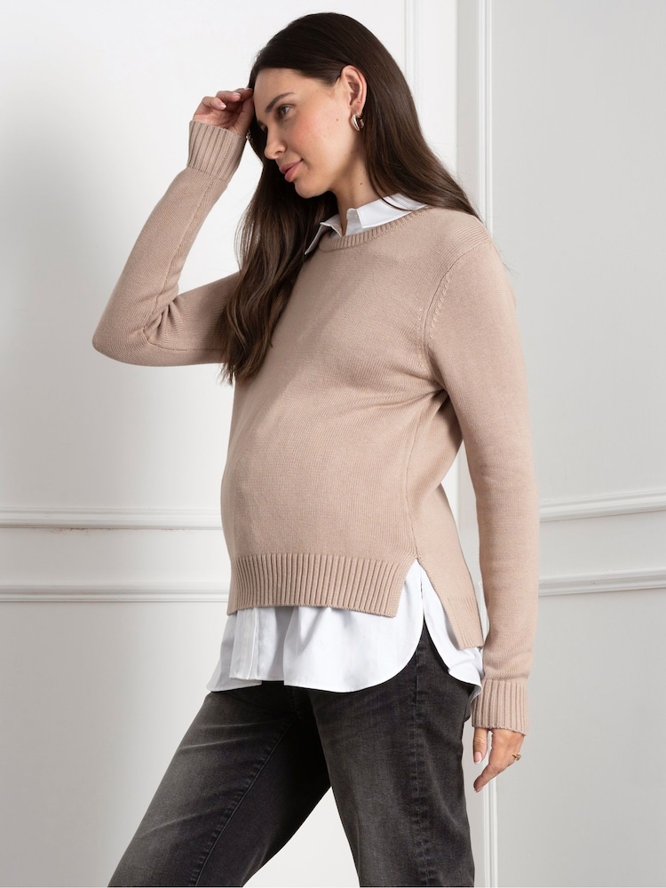 Seraphine Natural Maternity Knit Jumper with Woven Shirt - Image 4 of 4