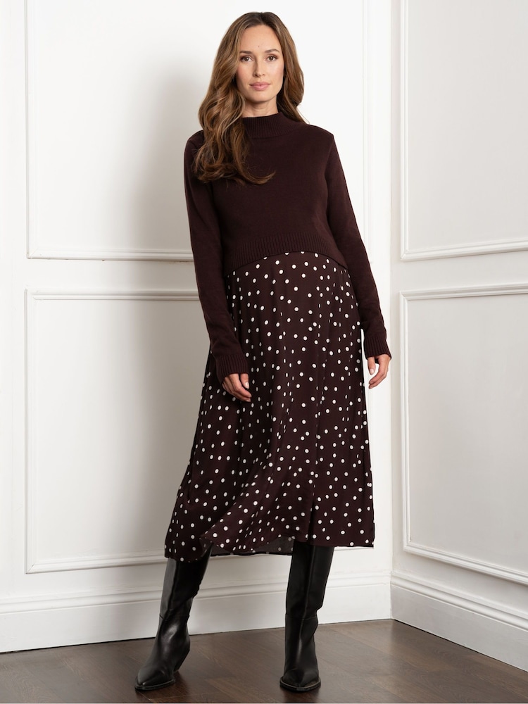 Seraphine Maternity Knit Topper with Spot Brown Skirt - Image 1 of 5