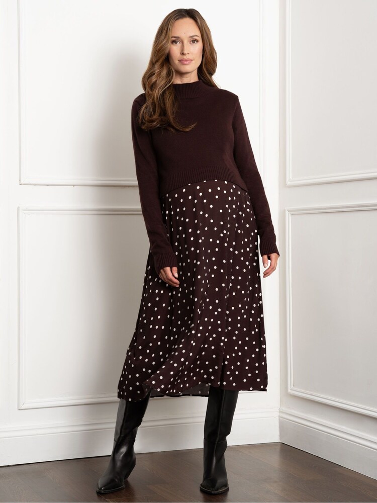 Seraphine Maternity Knit Topper with Spot Brown Skirt - Image 1 of 5 Seraphine Maternity Knit Topper with Spot Brown Skirt - Image 1 of 5