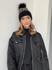 Lipsy Neutral Cosy Leopard Print Pom Beanie Hat - Image 2 of 3