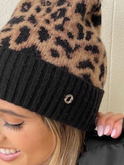 Lipsy Neutral Cosy Leopard Print Pom Beanie Hat - Image 3 of 3
