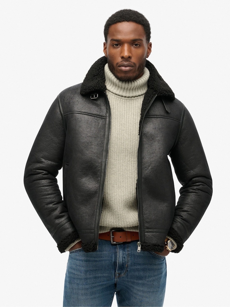 Superdry Black Faux Shearling Aviator Jacket - Image 1 of 4