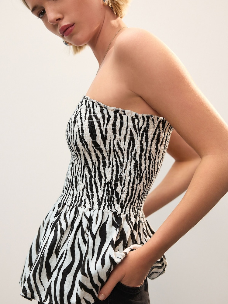 Black/White Zebra Print Shirred Peplum Bandeau Boobtube With Linen - Image 5 of 8