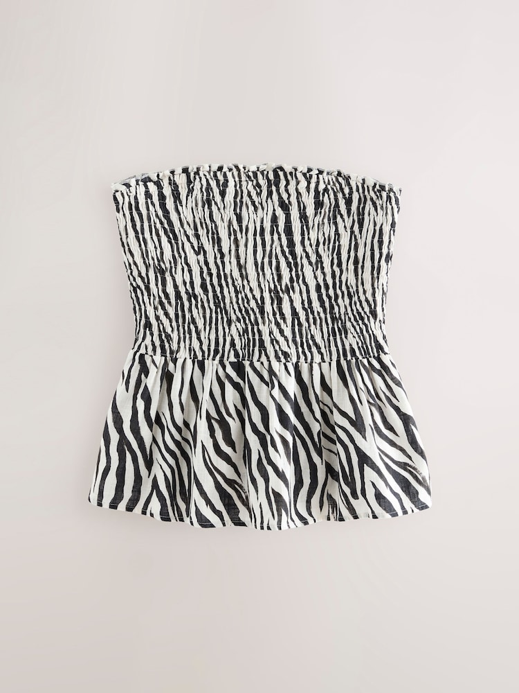 Black/White Zebra Print Shirred Peplum Bandeau Boobtube With Linen - Image 6 of 8