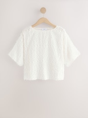 Cream Textured Fringe Short Sleeve Crew Neck Top - Image 1 of 3