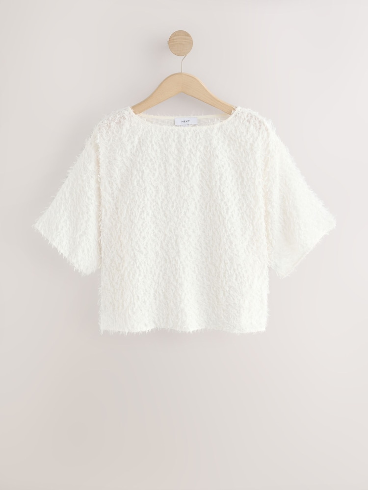 Cream Textured Fringe Short Sleeve Crew Neck Top - Image 1 of 3 Cream Textured Fringe Short Sleeve Crew Neck Top - Image 1 of 3