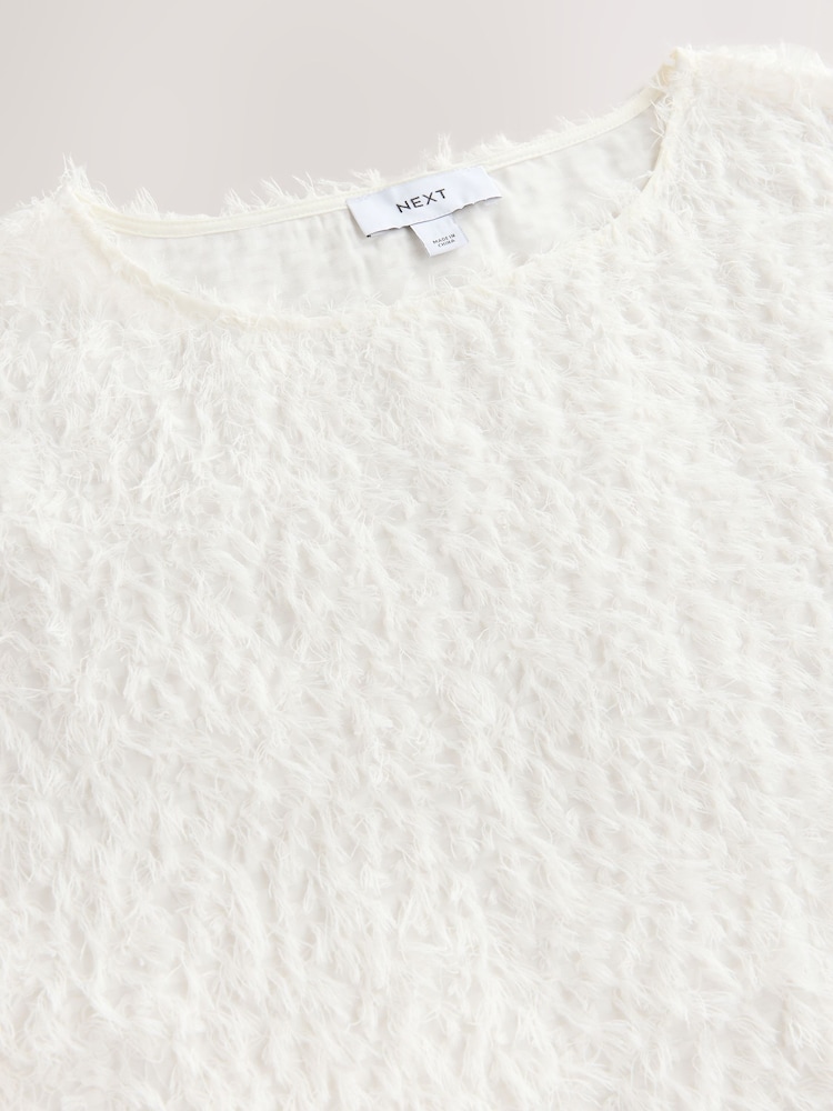 Cream Textured Fringe Short Sleeve Crew Neck Top - Image 3 of 3 Cream Textured Fringe Short Sleeve Crew Neck Top - Image 3 of 3