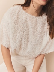 Cream Textured Fringe Short Sleeve Crew Neck Top - Image 5 of 8
