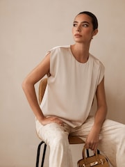 Цвета золотистого шампанского - Short Sleeve Crinkle Satin Asymmetric Top - Image 3 of 5