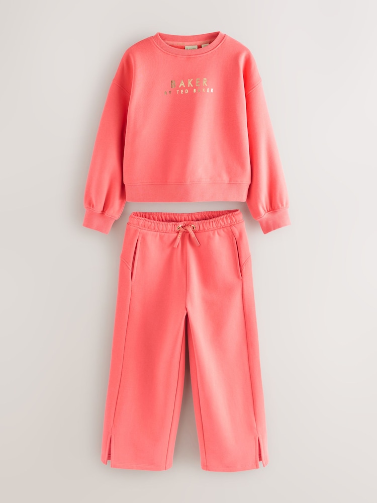 Baker by Ted Baker Coral Pink Back Print Sweat Top and Wide Leg Joggers Set 2 Piece - Image 1 of 8