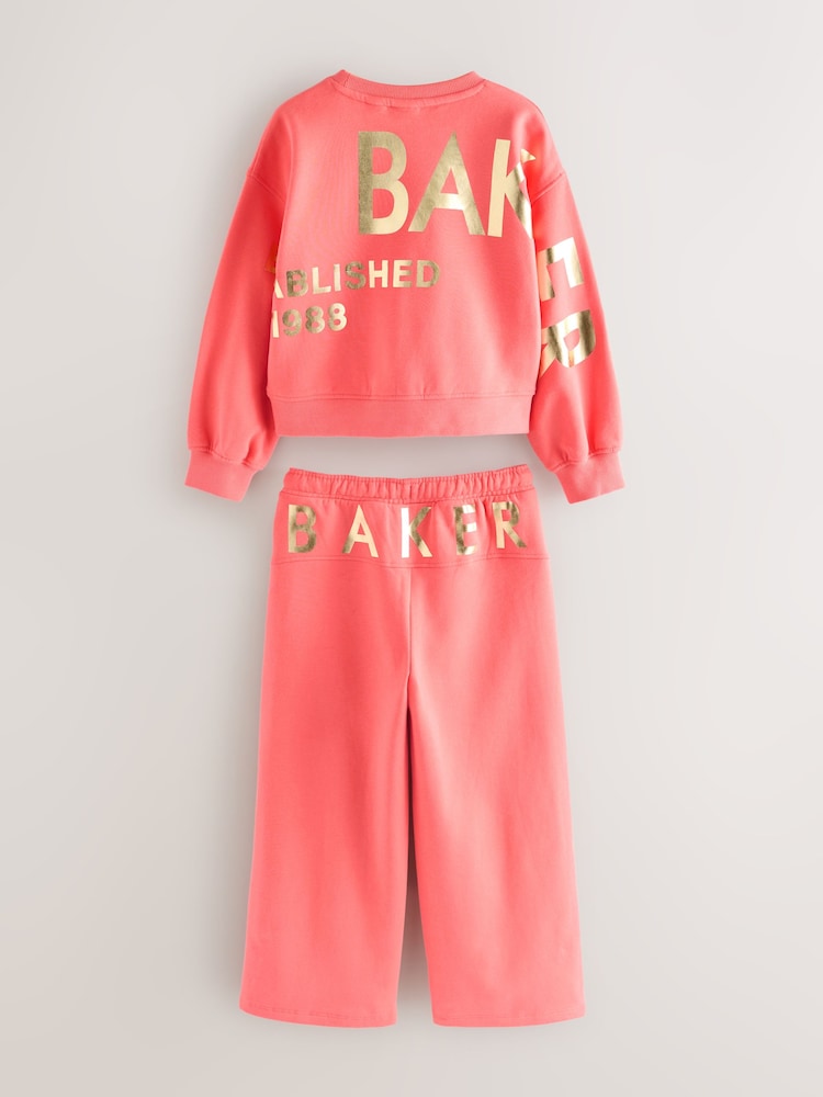 Baker by Ted Baker Coral Pink Back Print Sweat Top and Wide Leg Joggers Set 2 Piece - Image 2 of 8 Baker by Ted Baker Coral Pink Back Print Sweat Top and Wide Leg Joggers Set 2 Piece - Image 2 of 8
