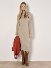 Apricot Natural Fine Gauge Roll Neck Midi Dress - Image 1 of 5