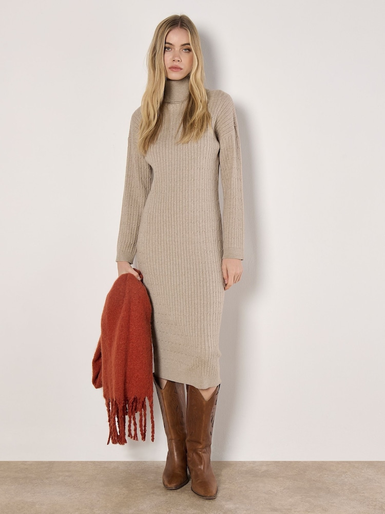 Apricot Natural Fine Gauge Roll Neck Midi Dress - Image 1 of 5