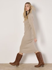 Apricot Natural Fine Gauge Roll Neck Midi Dress - Image 2 of 5