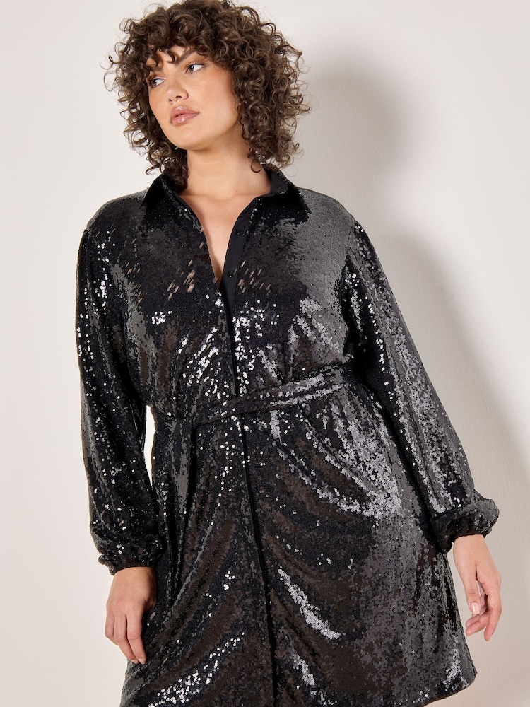 Apricot Black Sequin Tie Waist Shirt Dress - Image 2 of 5