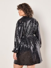 Apricot Black Sequin Tie Waist Shirt Dress - Image 5 of 5