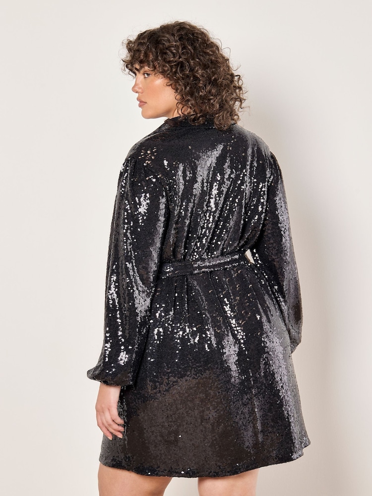Apricot Black Sequin Tie Waist Shirt Dress - Image 5 of 5