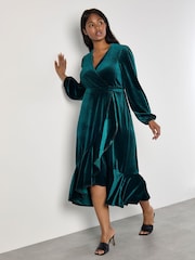 Apricot Green Velvet Faux Faur Wrap Billow Sleeves Dress - Image 1 of 5