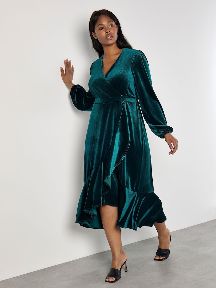 Apricot Green Velvet Faux Faur Wrap Billow Sleeves Dress - Image 1 of 5