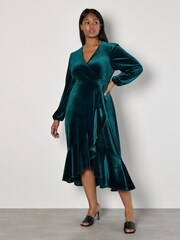Apricot Green Velvet Faux Faur Wrap Billow Sleeves Dress - Image 2 of 5