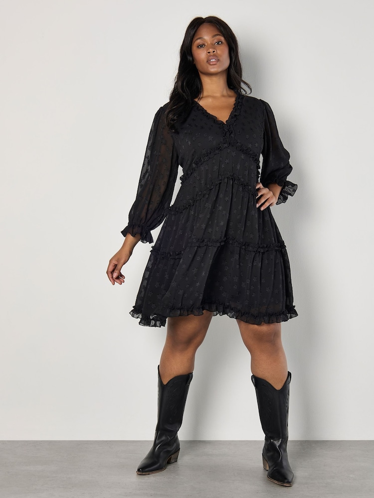 Apricot Black Star Jacquard Ruffle Dress - Image 2 of 5