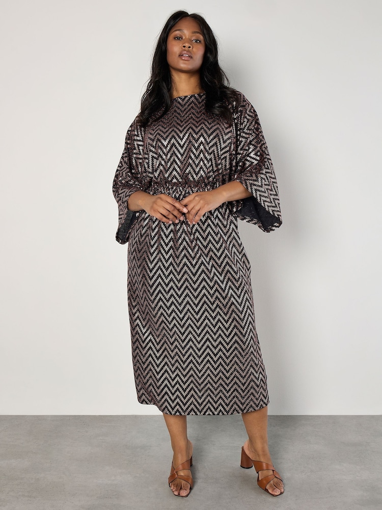 Apricot Brown Metallic Chevron Cape Sleeve Dress - Image 1 of 5 Apricot Brown Metallic Chevron Cape Sleeve Dress - Image 1 of 5