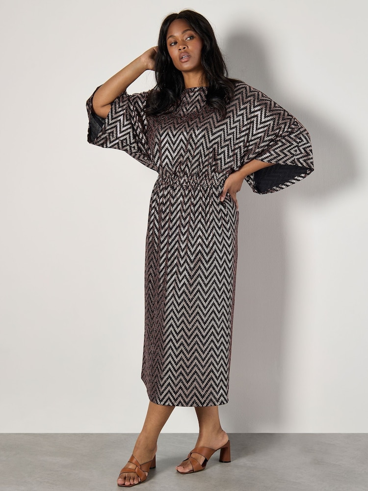 Apricot Brown Metallic Chevron Cape Sleeve Dress - Image 2 of 5 Apricot Brown Metallic Chevron Cape Sleeve Dress - Image 2 of 5