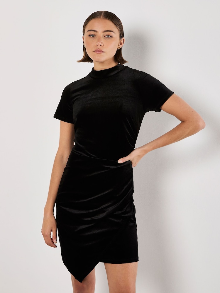 Apricot Black Velvet High Neck Ruched Mini Dress - Image 1 of 4 Apricot Black Velvet High Neck Ruched Mini Dress - Image 1 of 4