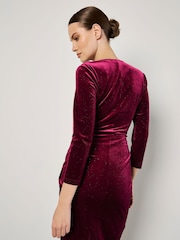 Apricot Red Glitter Velvet Ruched Midi Dress - Image 5 of 5