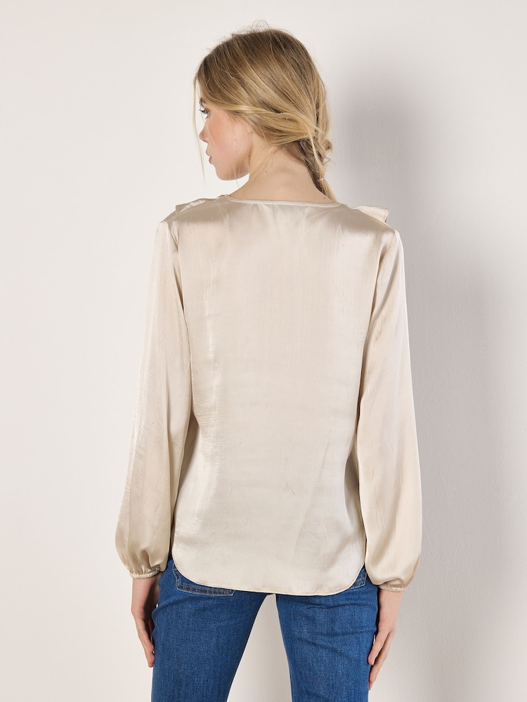Apricot Cream Ruffle Front Textured Blouse - Image 2 of 4 Apricot Cream Ruffle Front Textured Blouse - Image 2 of 4