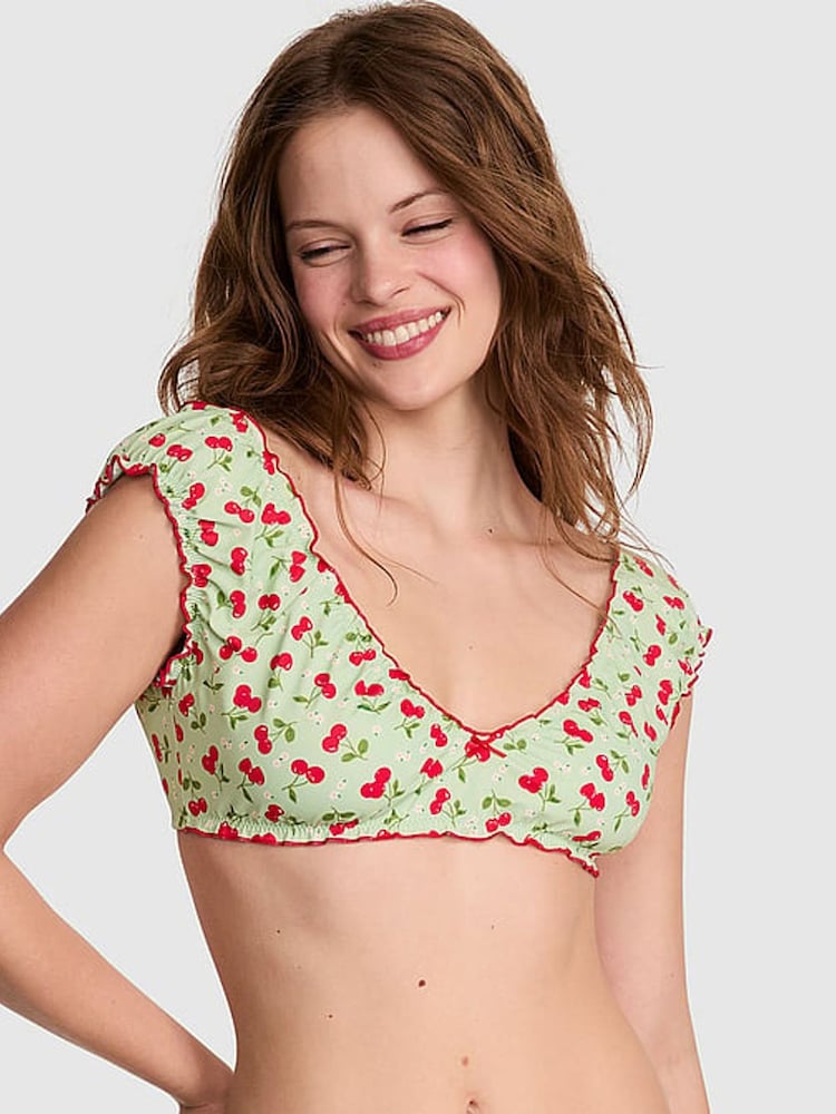 Victoria's Secret PINK Cherry Hearts Green Hudson Bikini Top - Image 1 of 4