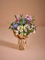Pink Alstroemeria Fresh Flower Bouquet With Wrapped Glass Vase - Image 1 of 4