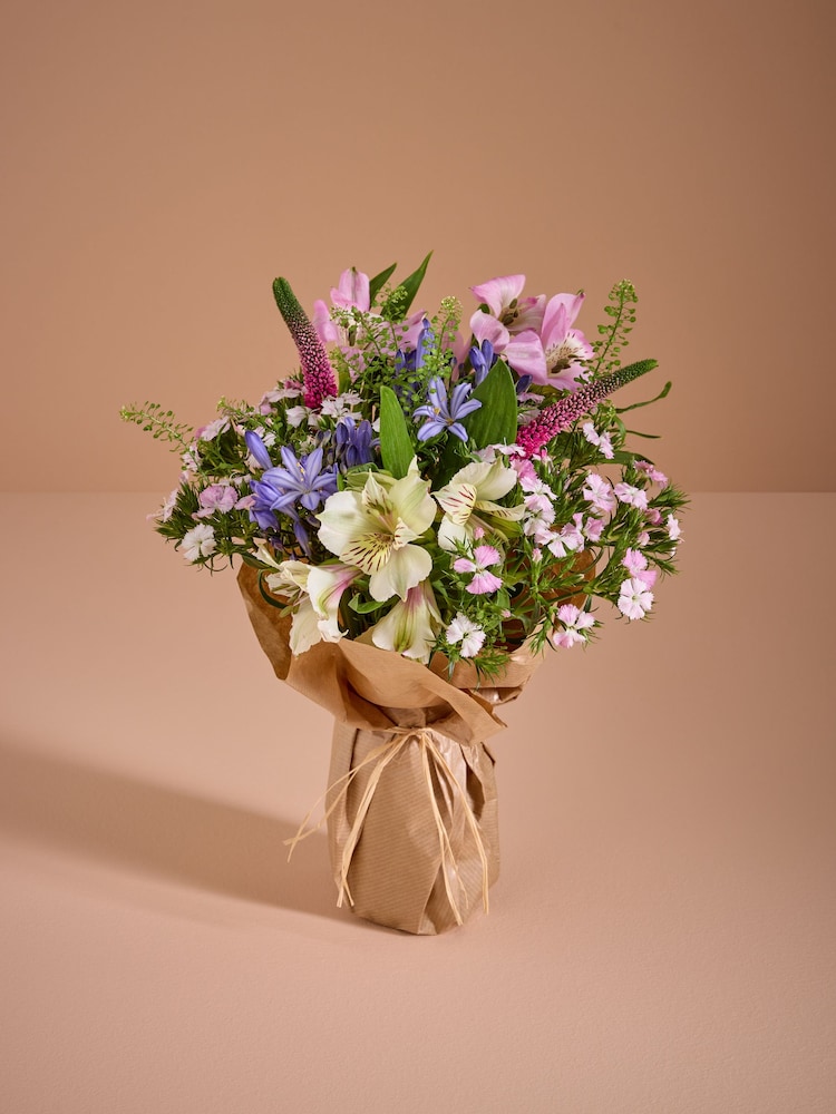 Pink Alstroemeria Fresh Flower Bouquet With Wrapped Glass Vase - Image 1 of 4 Pink Alstroemeria Fresh Flower Bouquet With Wrapped Glass Vase - Image 1 of 4