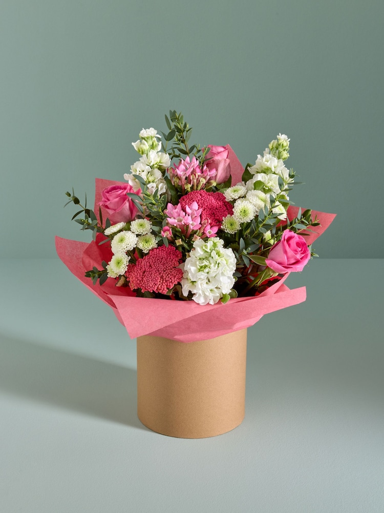 Pink/White Rose and Mathiola Fresh Flower Bouquet in Hatbox - Image 1 of 6